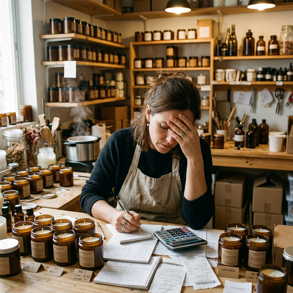 Artesã frustrada tentendo precificar seu produto